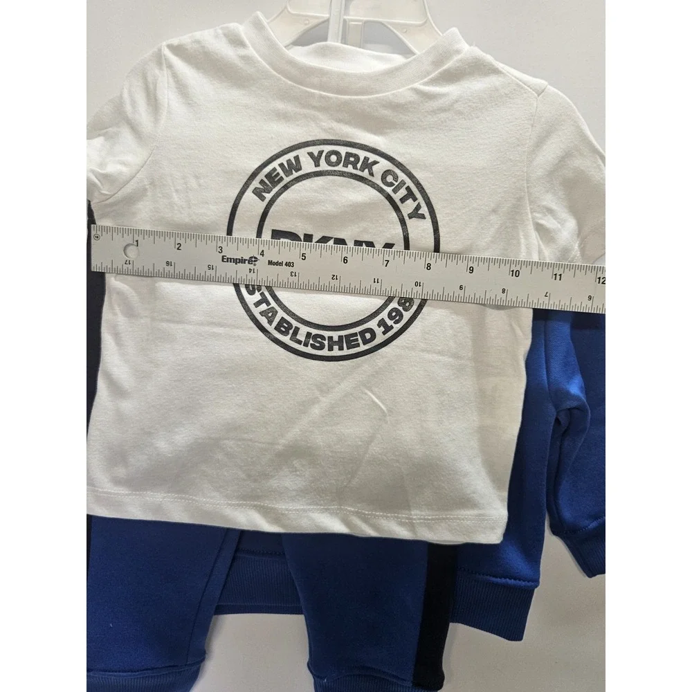 DKNY  12M, Set‎ Of 3, Blue Pull Over Hoodie/Blue Pants/ Crew Neck White T Shirt